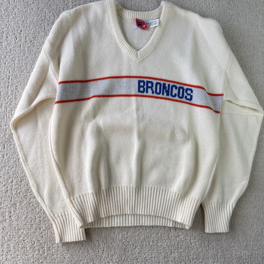 Vintage Cliff Engle Ltd. Denver Broncos Sweater Men's L Cream NFL V-Neck Wool